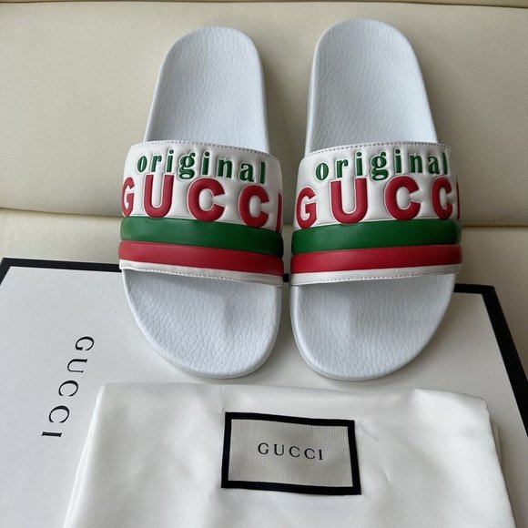 NEW GUCCI SLIDES WHITE LEATHER “ORIGINAL GUCCI” RED GREEN LOGO SZ G8 630606 - Picture 5 of 8